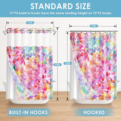 No Hook Pink Teal Blue Yellow Shower Curtain with Snap in Fabric Liner Set, Polka Dot Colorful Double Layers Waterproof Fabric with See Through Top Window Open Grommet Bath Curtain 71x74 Inch