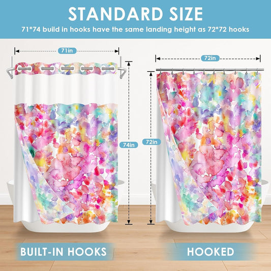 No Hook Pink Teal Blue Yellow Shower Curtain with Snap in Fabric Liner Set, Polka Dot Colorful Double Layers Waterproof Fabric with See Through Top Window Open Grommet Bath Curtain 71x74 Inch