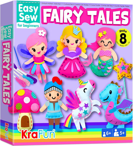KRAFUN Easy Sew Fairy Tales Sewing Kit for Kids Beginners, Make 8 DIY Felt Plush Toys with Pre-Punched Holes, Arts & Crafts for Girls Ages 5-10