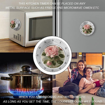 Mechanical Kitchen Timer with Magnetic Back, Stainless Steel Manual Vintage Pink Rose Printed Timer for Cooking and Time Management