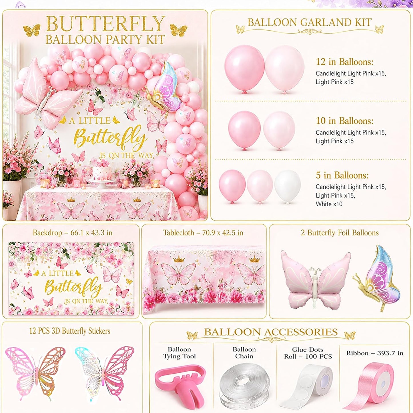 Pink Butterfly Baby Shower Party Decorations A Little Butterfly Is On The Way Theme Supplies for Girl Butterfl-y Decorations Set with Balloons Backdrop and Tablecloth for Baby Shower