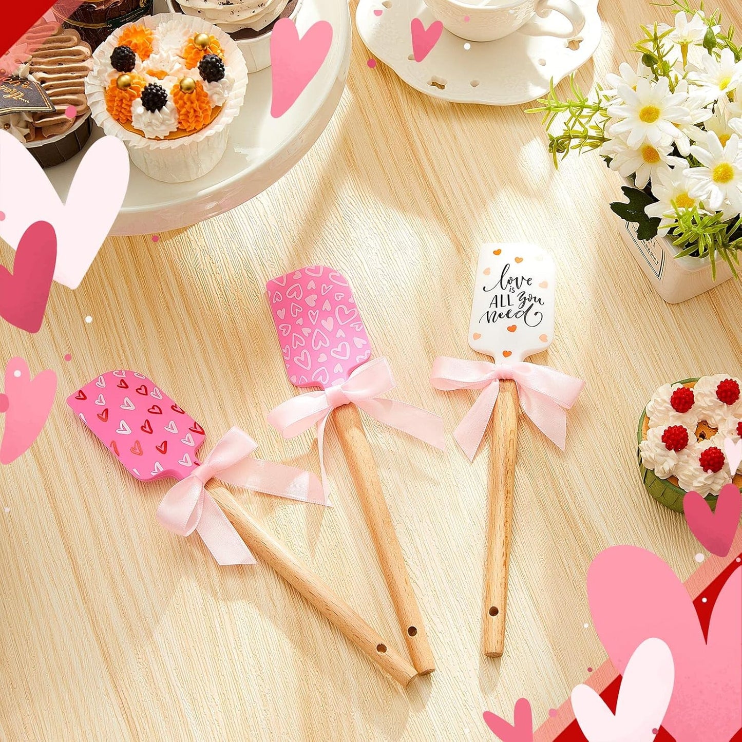 3 Pcs Valentine Silicone Spatulas with Wooden Handles Valentine Pattern Heat Resistant Baking Silicone Spatulas with Pink Satin Ribbon Bows for Baking, Cooking and Sauteing