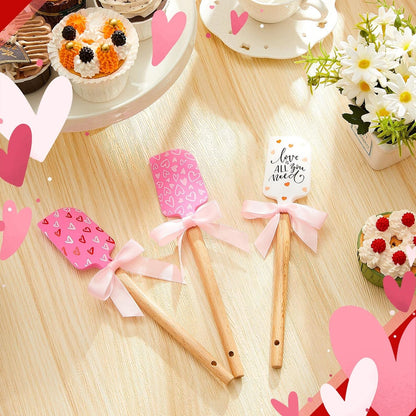 3 Pcs Valentine Silicone Spatulas with Wooden Handles Valentine Pattern Heat Resistant Baking Silicone Spatulas with Pink Satin Ribbon Bows for Baking, Cooking and Sauteing