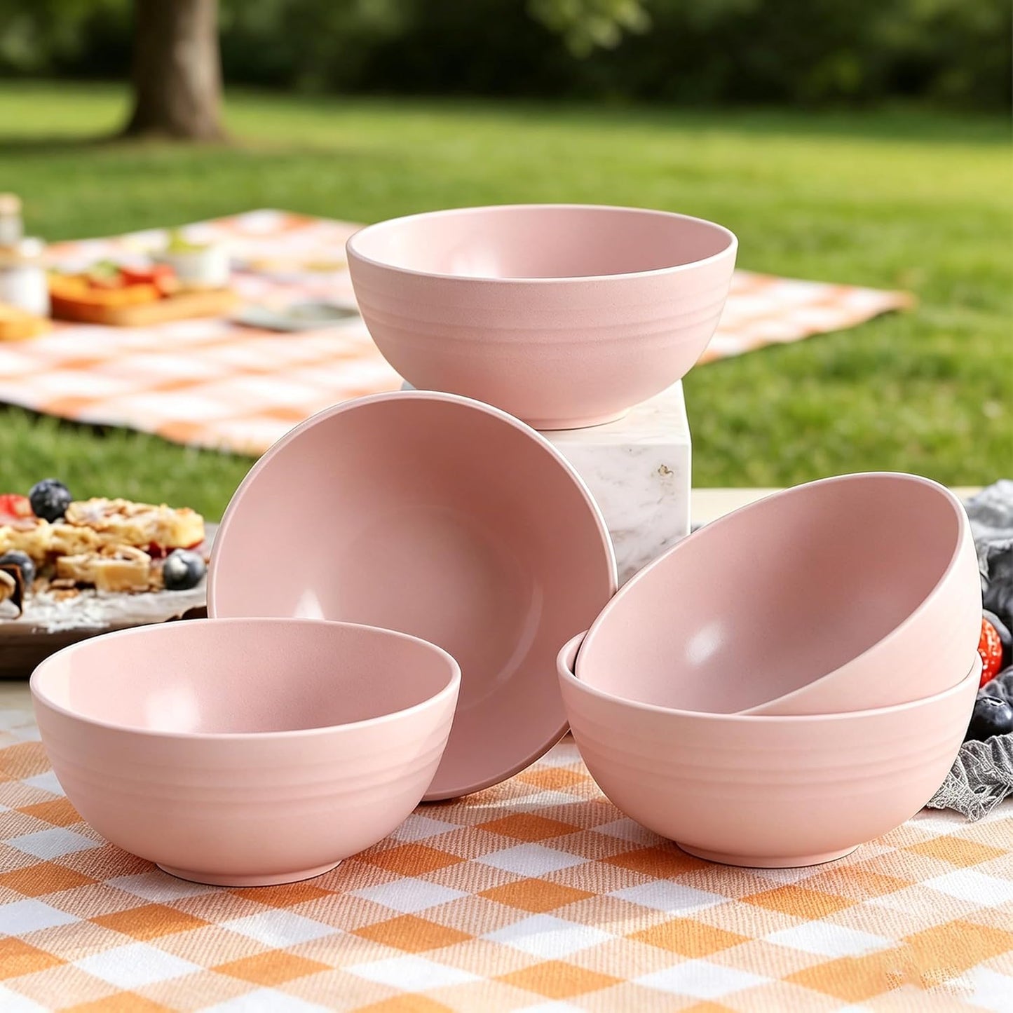 Set of 6 Wheat Straw Bowls, Unbreakable Cereal Bowls, 685ml Capacity, Microwave and Dishwasher Safe, Lightweight, Stackable Salad Bowls for the Kitchen (Pink)