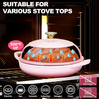 TeamFar Cast Iron Bread Dutch Oven, 6 Qt Enameled Dutch Oven Pot for Sourdough Bread Baking, with Tall Dome Lid & Round Base Pan, Self-Basting & Even-Heating, Heavy-Duty & Non-stick, Pink