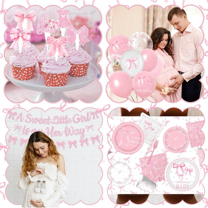 Pink Bow Baby Shower Decorations for Girl,Pink Bow Birthday Party Supplies Include Bow Plate,Napkin,Banner,Cake Topper,Balloons Welcome Baby Girl Decorations for Coquette Bow Party Serves 25