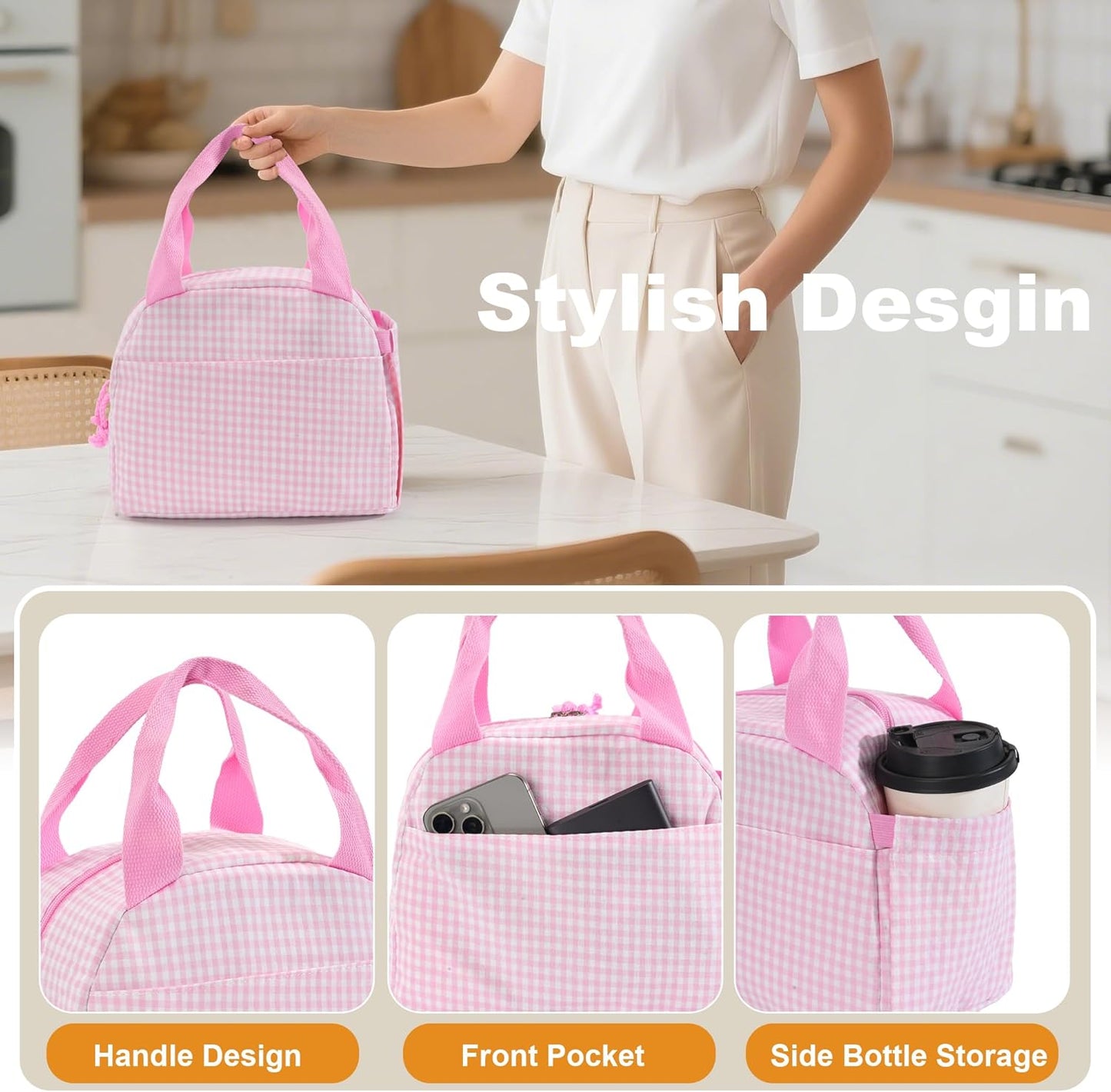 Insulated Lunch Bag for Women, Reusable Lunch Box Tote for Work & Office, Portable Leakproof Cooler Bag Roomy Adult Lunch Bags for Travel, Picnic & Daily Meals, Light Pink Gingham