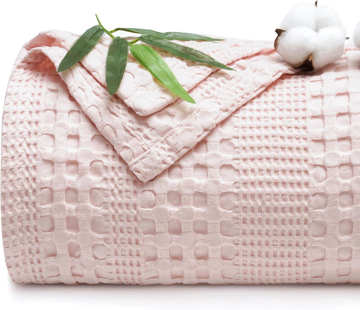 PHF Cooling Waffle Blanket Queen Size, Lightweight 60% Rayon from Bamboo & 40% Cotton Breathable Blanket for Hot Sleepers, Summer Use, Soft Luxury for Bed Couch Sofa, 90"x90", Pink
