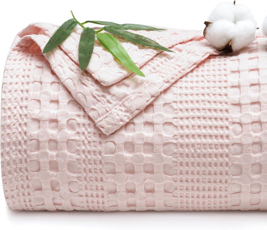 PHF Cooling Waffle Blanket Queen Size, Lightweight 60% Rayon from Bamboo & 40% Cotton Breathable Blanket for Hot Sleepers, Summer Use, Soft Luxury for Bed Couch Sofa, 90"x90", Pink