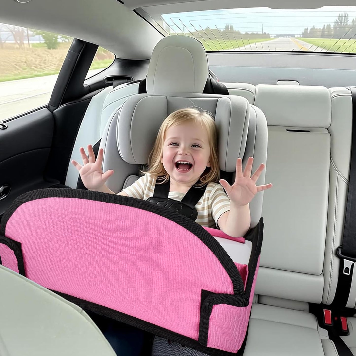 Kids Travel Tray for Airplane - Toddler Car Seat Table Tray, Road Trip Essentials for Boys & Girls, Carseat Lap Desk for Kids Road Trip Activities (Pink-2PCS)