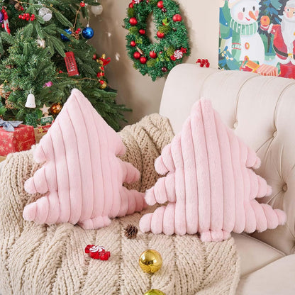 Lanpn Christmas Tree Pillows Set of 2, Christmas Decoration Wide Stripes Winter Throw Pillows Soft Cute 3D Shaped Xmas Tree Throw Cushion for Sofa Bedroom Xmas Decor (18x16 inch, Pink)