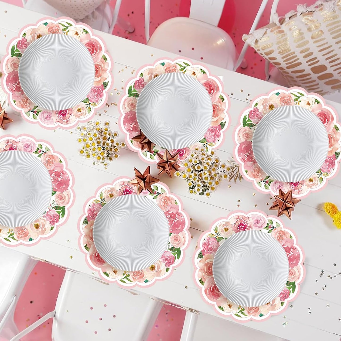 50 Pcs Pink Floral Paper Placemats Disposable,13.4 Inch Watercolor Roses Floral Round Place Mats Spring Summer Table Mats for Birthday Wedding Banquet Bridal Shower Party Supplies