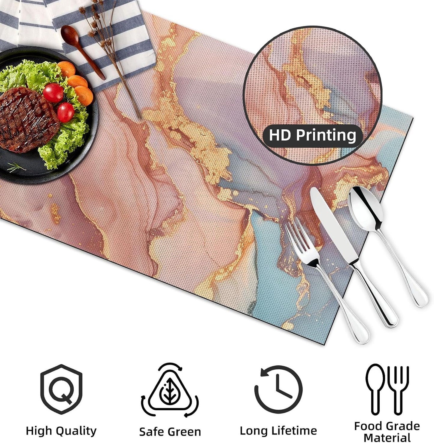 Placemats Set of 4, Slip Place Mats for Dining Table, Fall PVC Table Placemats Washable and Heat Resistant, Modern Table Mats for Kitchen, Dining, Party, Outdoor（Pink Gilded Marble）
