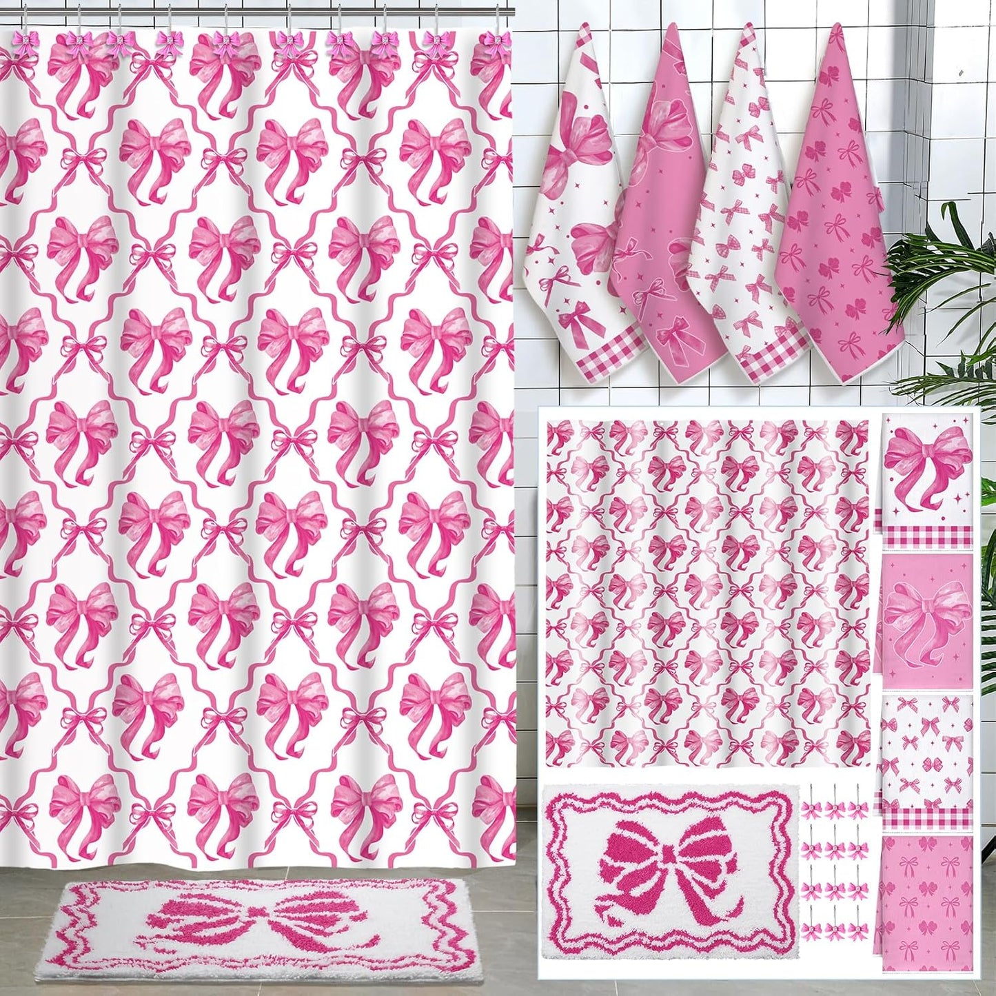 Fourluoo 18 Pcs Fabric Shower Curtain Set with 12 Decorative Shower Curtain Hooks Bathroom Towels Non Slip Absorbent Microfiber Rug for Modern Aesthetic Bathroom(Pink,Bow)