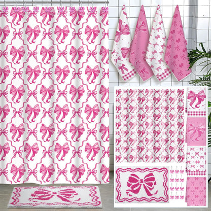Fourluoo 18 Pcs Fabric Shower Curtain Set with 12 Decorative Shower Curtain Hooks Bathroom Towels Non Slip Absorbent Microfiber Rug for Modern Aesthetic Bathroom(Pink,Bow)