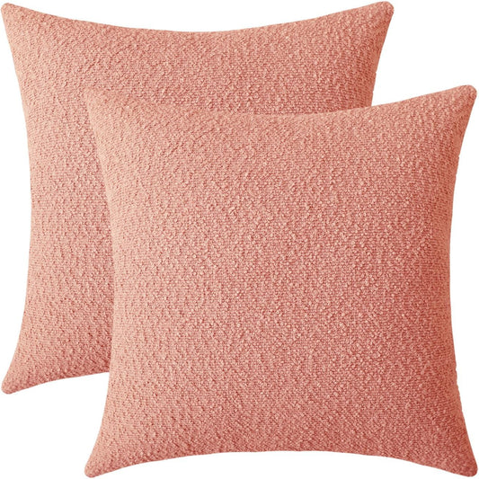 Jeneoo Coral Pink Decorative Square Thick Throw Pillow Covers Fine Textured Boucle Couch Cushion Cases for Sofa Decor, Set of 2, 18 x 18 Inch
