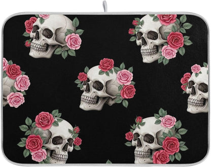 Skulls Pink Roses Black Dish Drying Mats Floral Pastel Absorbent Dish Dry Mat Kitchen Dishes Counter Mat, 18" x 24"