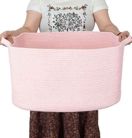 XUANGUO Large Rectangle Blankets Baskets 22"x17"x12" Toy Basket for Kids Woven Cotton Rope Storage Basket for Nursery - Laundry Baskets for Clothes Towels - Ideal for Living Room Storage pink