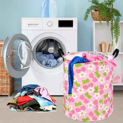 Kids Laundry Hamper Clothes Gift Basket Storage Laundry Baskets Organizer Bin with Handles for Nursery Room (Pink Cherry)