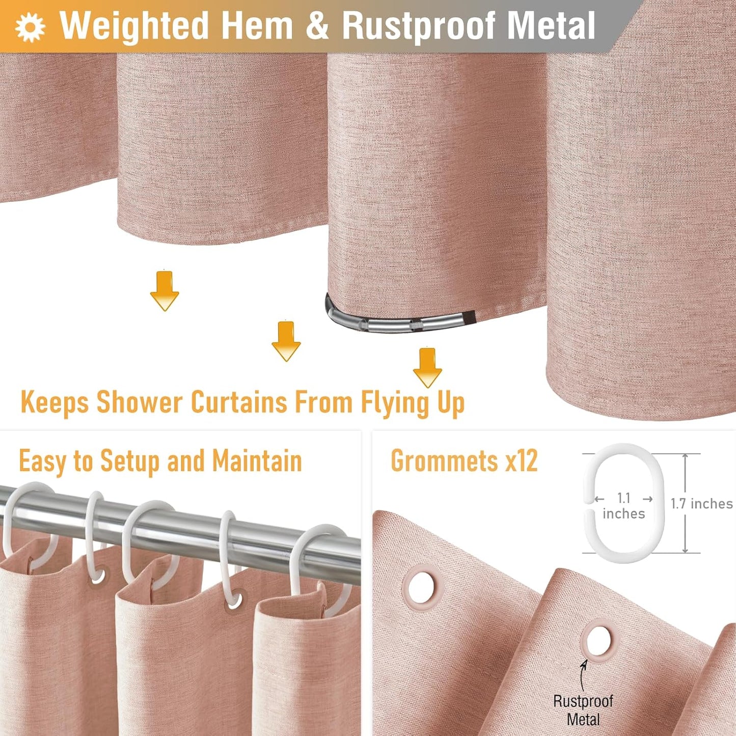 BTTN Blush Fabric Shower Curtain - Linen Textured Weighted Cloth Shower Curtain Set with 12 Plastic Hooks, Machine Washable, Hotel Spa Luxury, Decorative Neutral Bath Curtains for Bathroom, 72x72