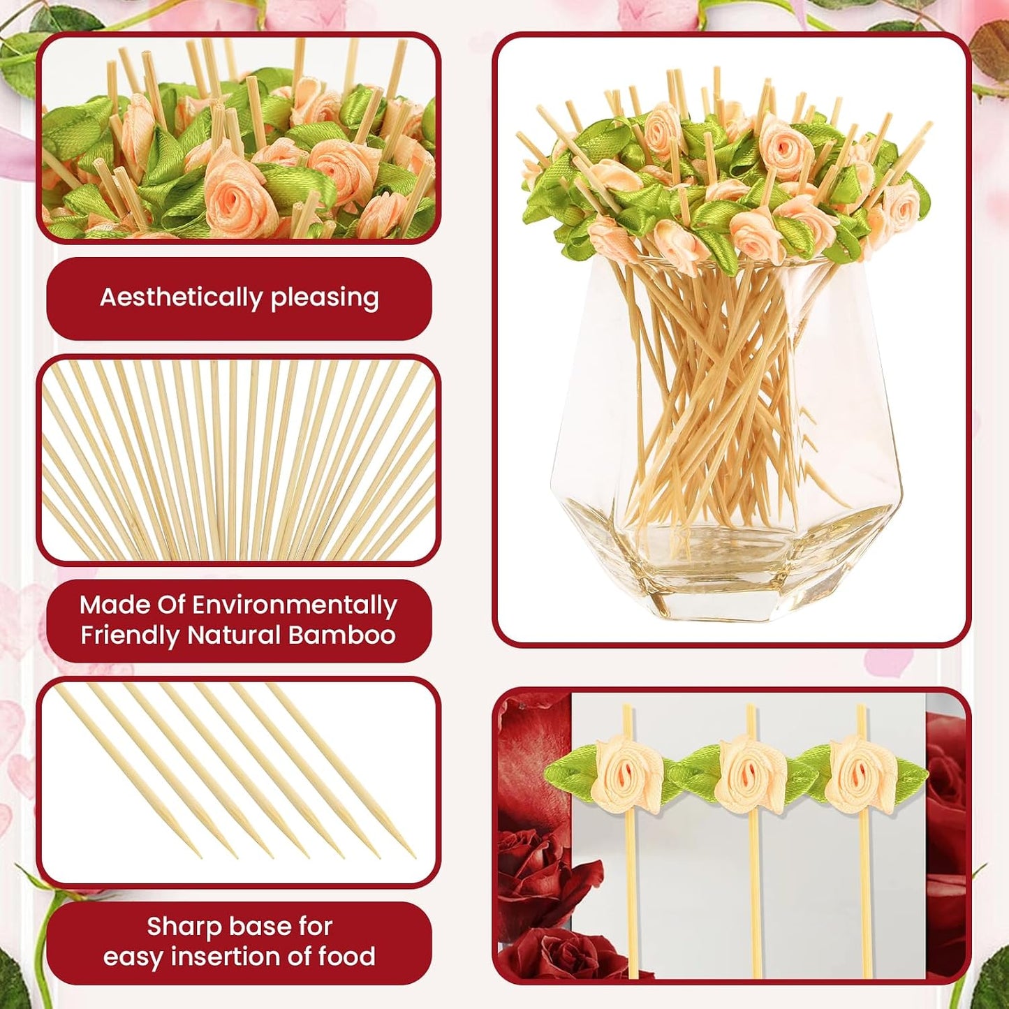 100pcs Pink Rose Flower Cocktail Picks 4.7 Inch, Valentine Decorations Toothpicks for Appetizers Bamboo Fruit Skewers Food Picks for Wedding Valentine Holiday Party Decoration (Pink)
