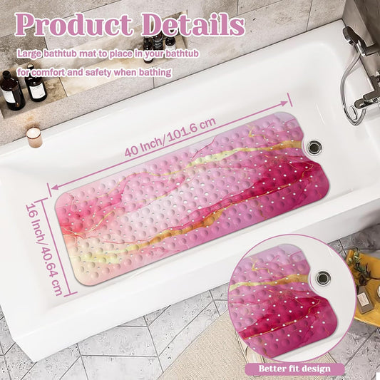 Marble Bath Tub Mat Non Slip, Pink Marble Non Slip Bath Mat for Shower, Large Washable Shower mats for Showers with Drain Holes and Suction Cups,40 X 16 Inch