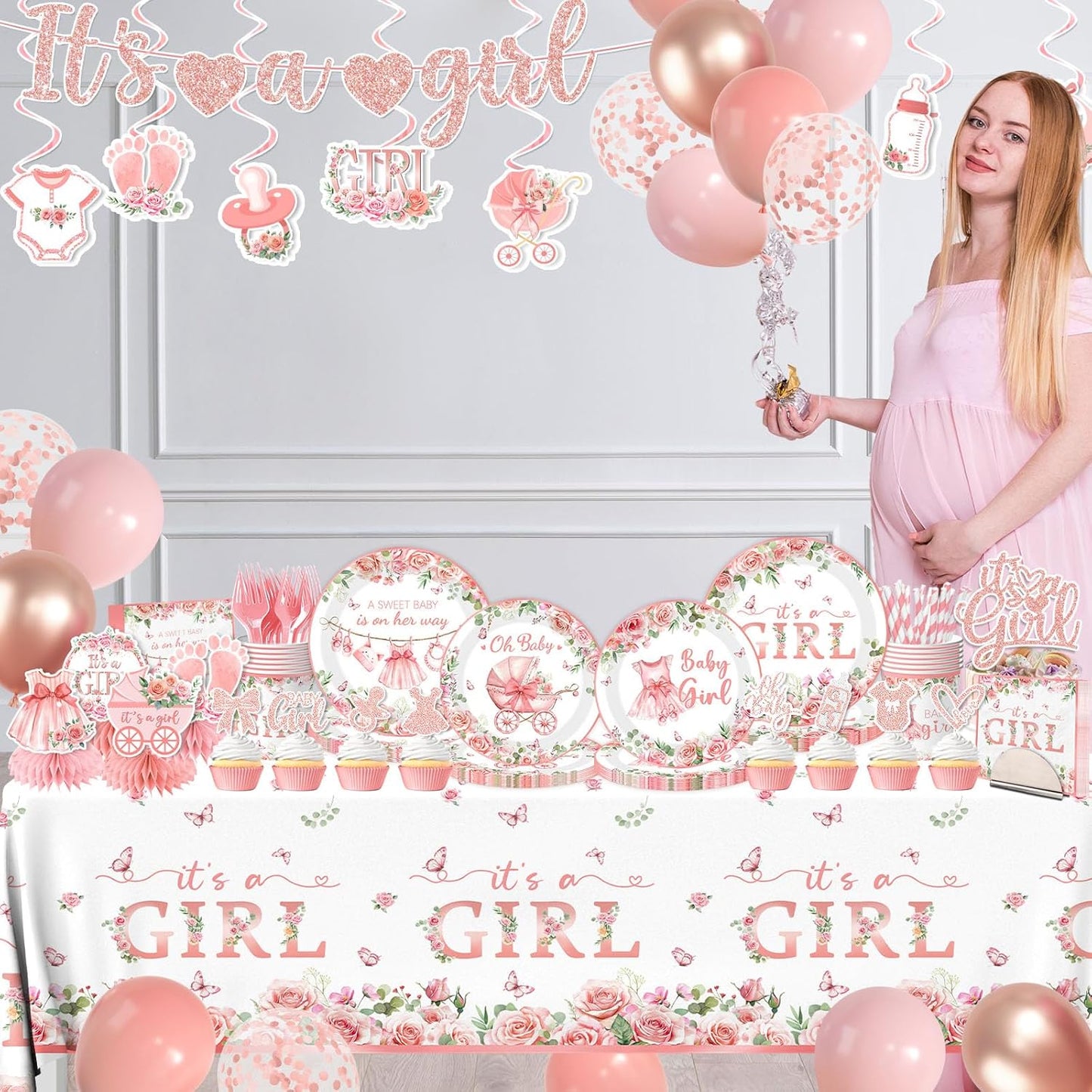 Its a Girl Baby Shower Decorations, Pink Floral Baby Shower Decorations for Girl Include Plates,Napkins,Banner,Balloons,Tablecloth,Cups,Hanging Swirl,Cake Topper,Honeycomb for Baby Girl Party Decor