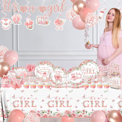Its a Girl Baby Shower Decorations, Pink Floral Baby Shower Decorations for Girl Include Plates,Napkins,Banner,Balloons,Tablecloth,Cups,Hanging Swirl,Cake Topper,Honeycomb for Baby Girl Party Decor