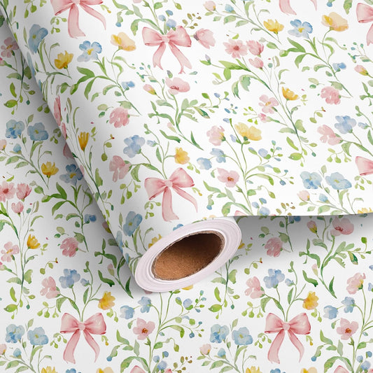 Altarho Bow Floral Wrapping Paper Roll for Girl Women - Spring Floral Green Leaves Pink Bows Design Watercolor Wildflower Gift Wrap for Birthday Baby Shower Mothers Day Total 28.5sq.ft