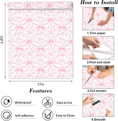 FYSUIMU Pink Bow Floral Peel and Stick Wallpaper Roll Coquette Pink Bowknot Flower Self-Adhesive Contact Paper Wall Decoration for Home Bedroom Bathroom Laundry Room, 17 in x 10 Ft