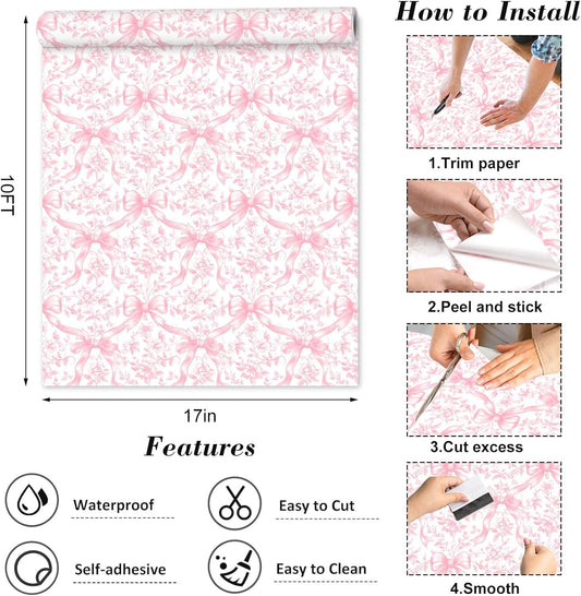 FYSUIMU Pink Bow Floral Peel and Stick Wallpaper Roll Coquette Pink Bowknot Flower Self-Adhesive Contact Paper Wall Decoration for Home Bedroom Bathroom Laundry Room, 17 in x 10 Ft