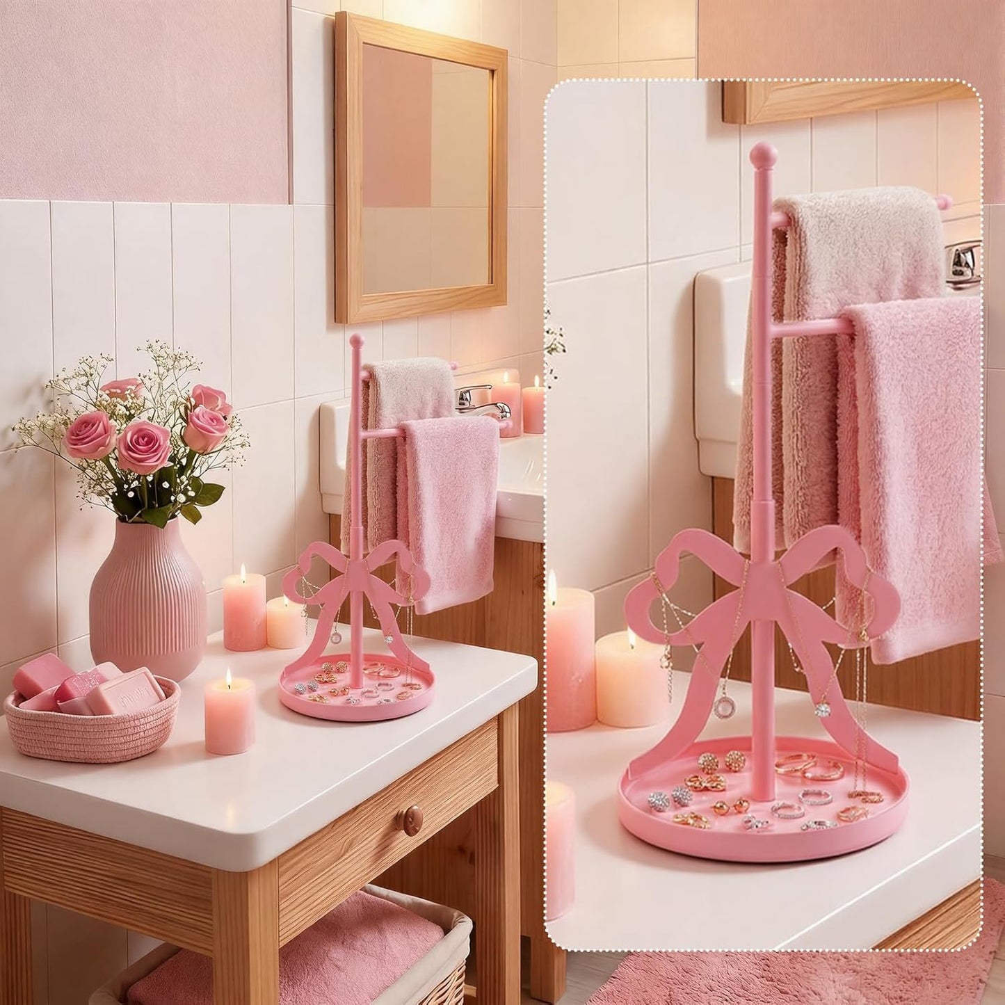 Chumia Pink Bow Towel Holder for Bathroom, F-Shape Cute Pink Hand Towel Stand with 2 Swivel Arm and Base, Coquette Jewelry Storage Standing Towels Bar for Women Girls Bathroom Kitchen Countertop