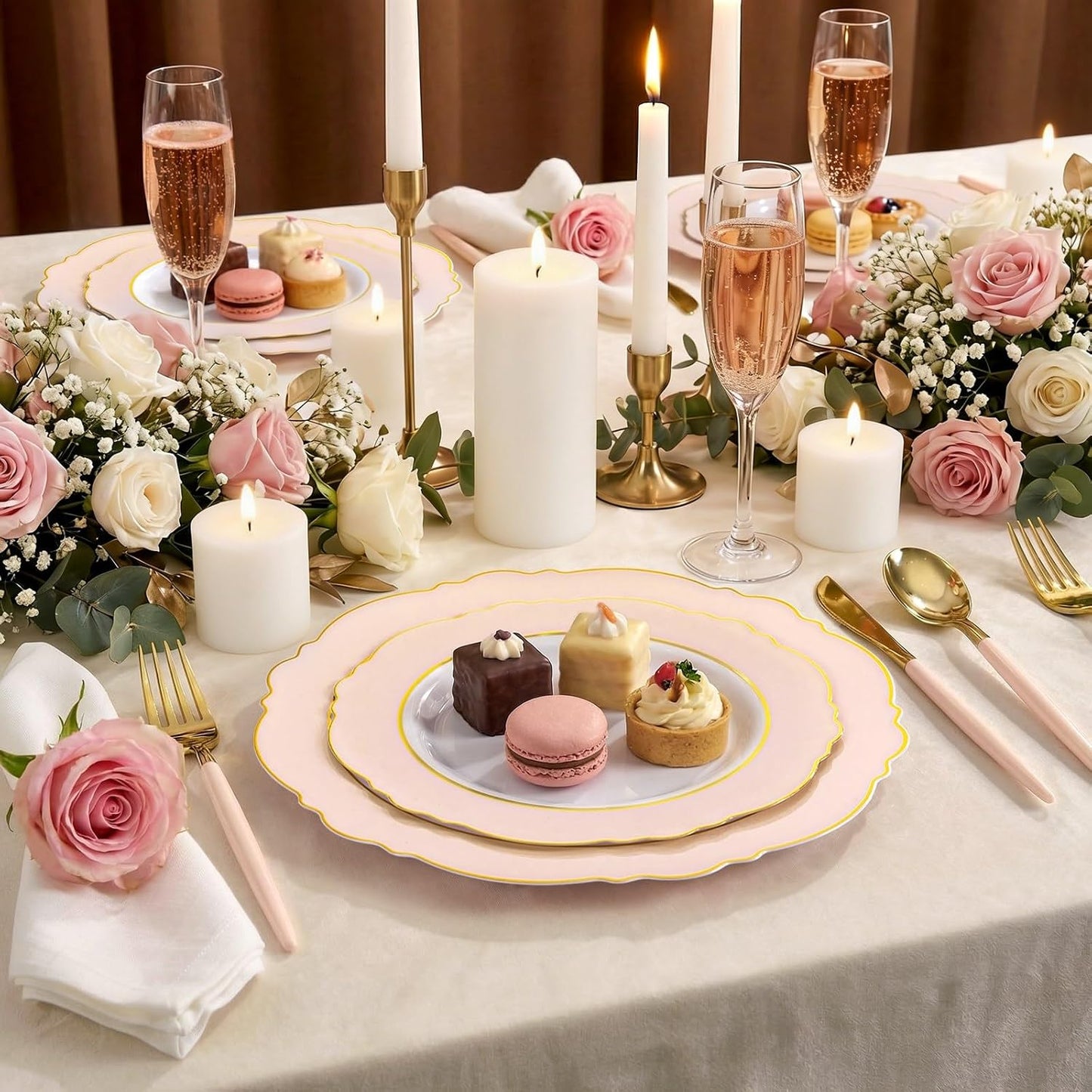 WDF 30Guest Pink Plates Disposable - Hign-end Baroque Design - Gold Plastic Silverware with Handle-Baroque Pink &Gold Plastic Dinnerware for Baby Shower/Wedding/Birthday/Party