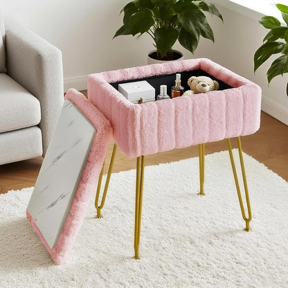 FUXA Vanity Stool with Storage, Pink Vanity Chair 4 Metal Legs with Anti-Slip Feet, Faux Fur Soft Padded Seat, Cute Small Footstool Ottoman, Modern Multifunctional Chairs for Makeup Bedroom