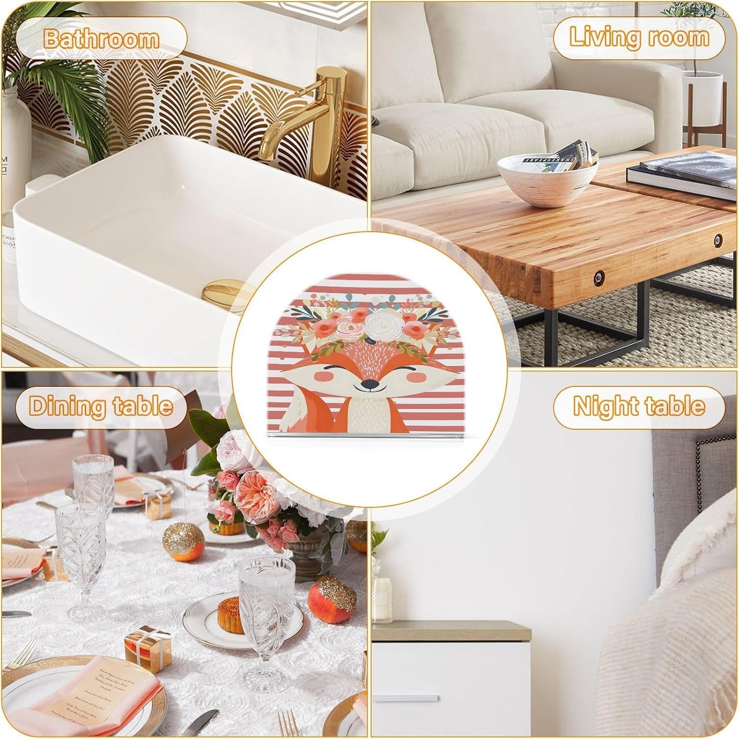 Napkin Holder for Table,Cute Fox Pink Stripe Napkin Holders Tissue Dispenser Clear Acrylic Cocktail Napkins Paper Towel Storage Holder for Kitchen Bathroom Decor