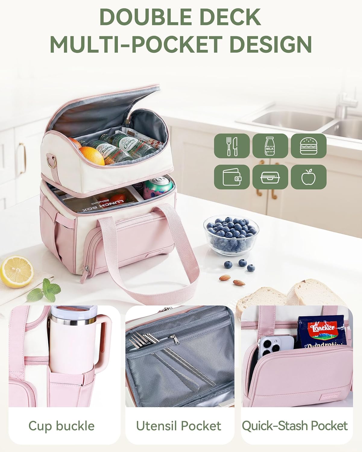 HOEMSPON Insulated Lunch Bag for Women Double Layer Leakproof Lunch Box with Cup Holder Large Cooler Tote with Shoulder Strap for Work Nurse Teacher Picnic (Pink)