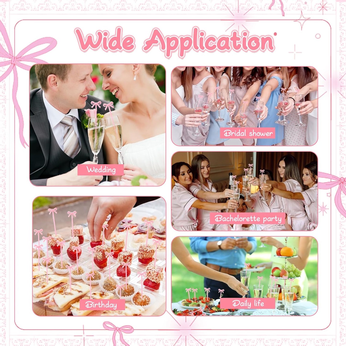 JJUNW 30 PCS Pink Bow Cocktail Picks, Acrylic Pink Bow Skewers Cute Bowknot Toothpicks Fruit Skewer Bow Skewers for Appetizers Drink Cake Dessert Birthday Party Decorations