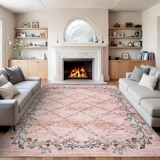 GarveeHome 10x13FT Area Rugs for Living Room, Modern Floral Large Washable Rug with Non-Slip Backing, Soft Stain Resistant Low Pile Vintage Floral Carpet for Dining Room Bedroom Office, Pink