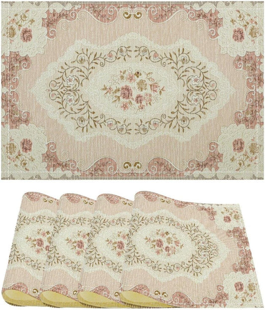 Boho Floral Pink Placemats Set of 4,Vintage Elegant Country Rustic Farmhouse Pattern Placemats Table Mat for Home Dining Table Kitchen Party Decor 12x18in 4PCS