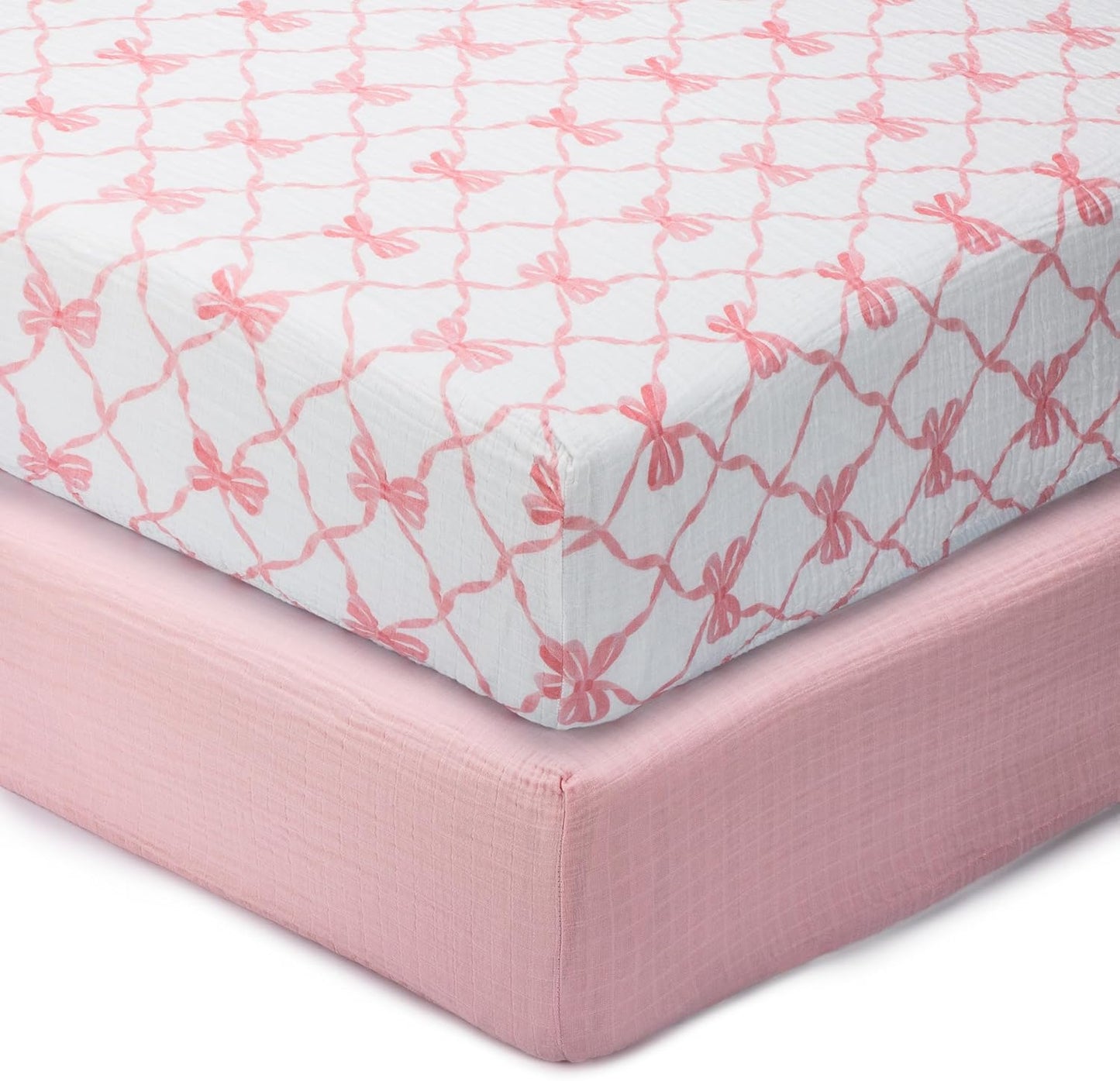 LollyBanks Muslin Crib Sheets 2 Pack, Soft and Breathable 100% Cotton Crib Fitted Sheets for Girls, Cozy and Snug Baby Sheet for Standard 52"x28" Mattress, Registry (Pink Bow and Solid Pink)