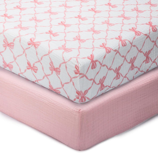 LollyBanks Muslin Crib Sheets 2 Pack, Soft and Breathable 100% Cotton Crib Fitted Sheets for Girls, Cozy and Snug Baby Sheet for Standard 52"x28" Mattress, Registry (Pink Bow and Solid Pink)