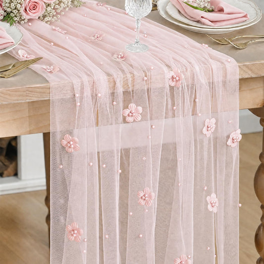 Artoid Mode Pink Flower Pearl Pink Gauze Table Runner 10FT, Seasonal Sheer Dining Holiday Wedding Birthday Baby Shower Table Decor for Home Party