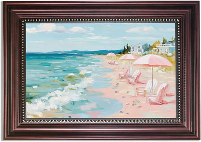 Framed Pastel Coastal Canvas Wall Art Pink Beach Umbrella Painting Picture Wall Decor Tropical Beach Scene Poster Print Artwork for Preppy Living Bedroom Bathroom Home Decoration 9x11 in