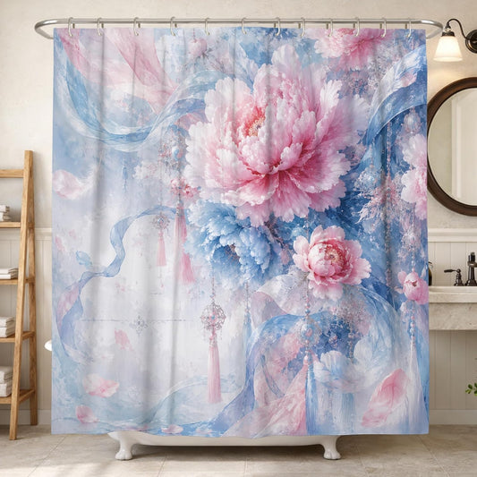 Peony Shower Curtain, Romantic Elegant Ribbons Floral Spring Peach Waterproof Fabric Toile Cloth Shower Curtains for Bathroom Bathtub Apartment Decor 72x72 Inch