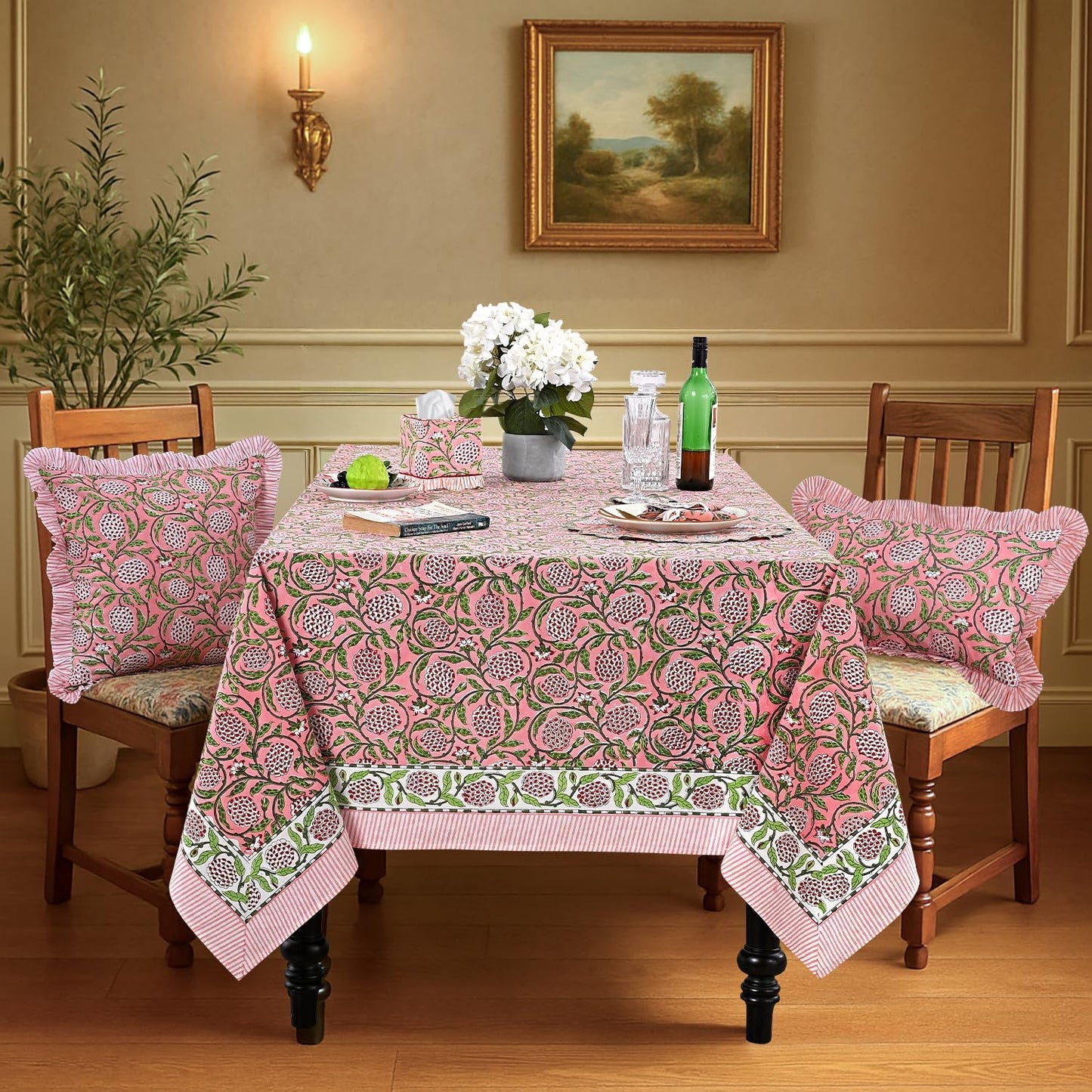 Ridhi Strawberry Pink Hand Block Print Cotton Rectangle Tablecloth 90" x 60" inches Reusable Table Cover Decorative Everyday Use for Dining Room, Farmhouse, Home Gift for Spring, Mother's Day