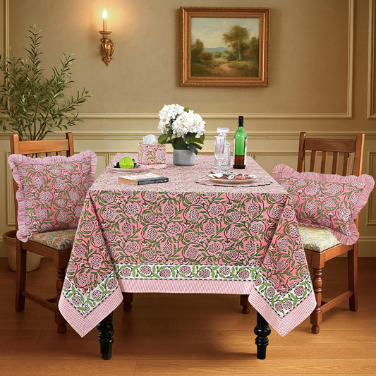 Ridhi Strawberry Pink Hand Block Print Cotton Rectangle Tablecloth 60" x 60" inches Reusable Table Cover Decorative Everyday Use for Dining Room, Farmhouse, Home Gift for Spring, Mother's Day