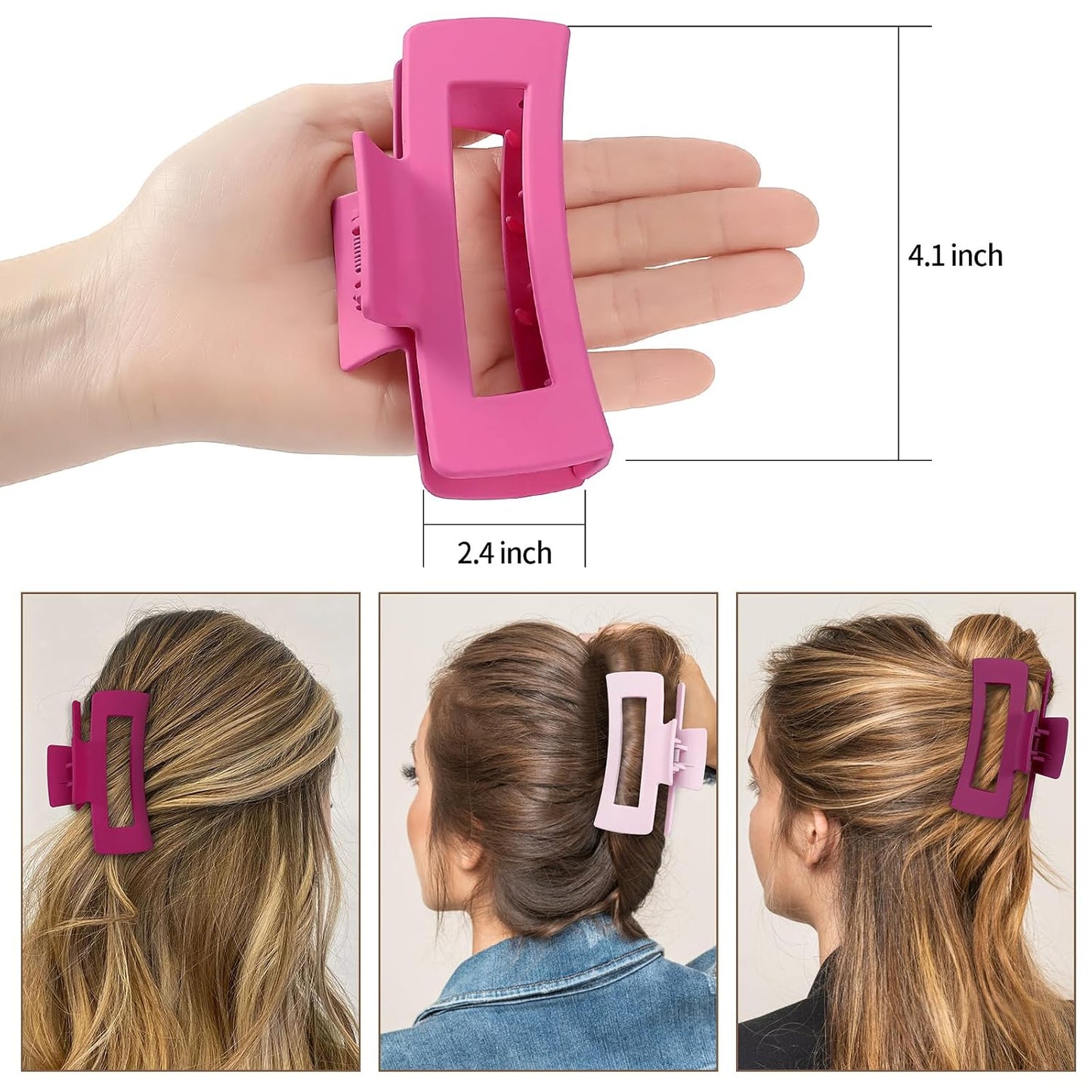 Sisiaipu 4 Inch Big Hair Claw Clips 6 Pcs Large Claw for Thick Hair Square Hair Clips for Women Rectangle Hair Clips Nonslip Acrylic Banana Jaw Clips Hair Accessories for Girls (Pink Purle)