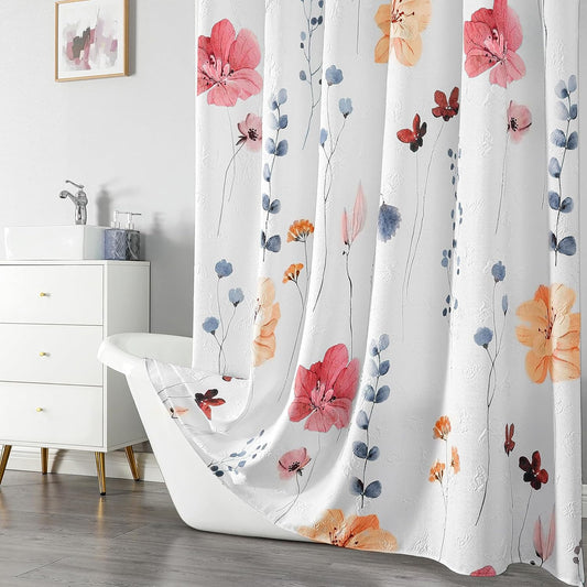 QiyI Watercolor Floral Shower Curtain, 3D Embossed Butterflies Peach Pink Flower Bathroom Curtain, Minimalist White Cloth Bath Curtain, Waterproof Fabric Textured Shower Curtain Set with Hooks, 72x72
