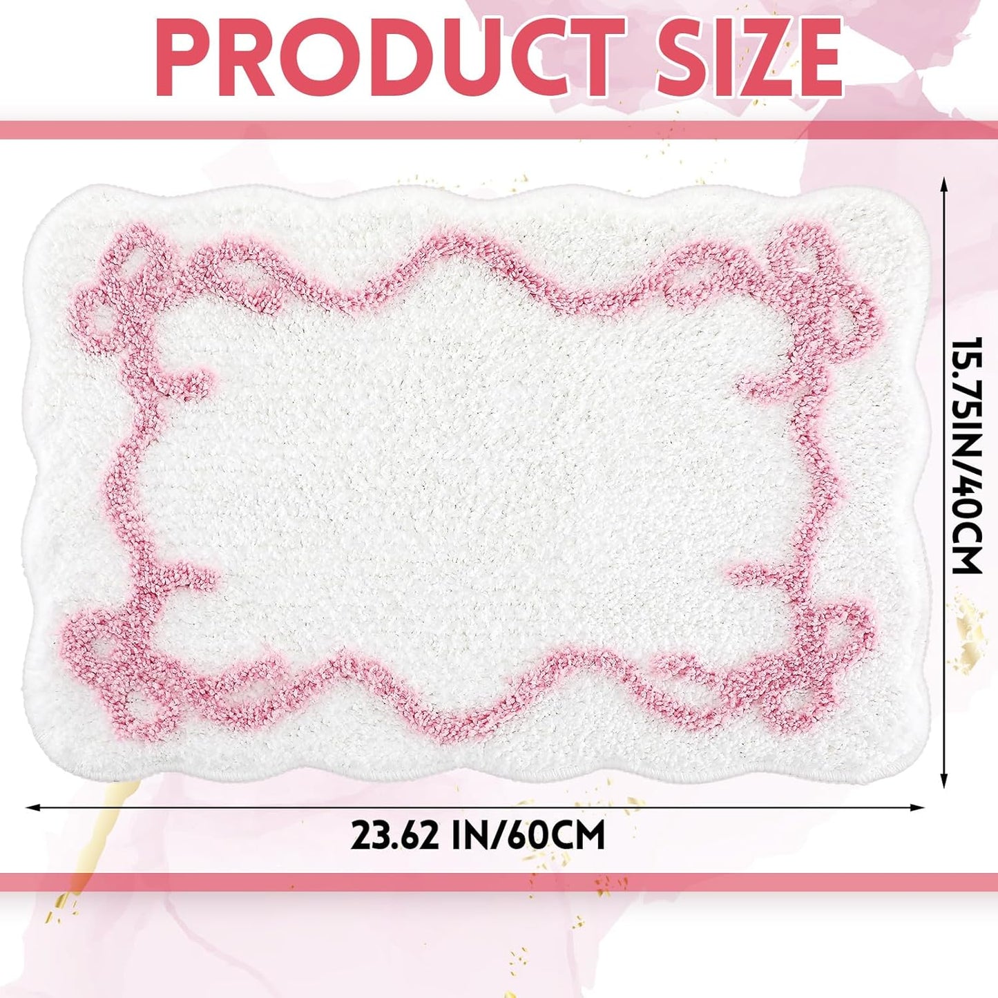 Tinideya Bow Bathmat Rug with Scalloped Wavy Ripple Design, Microfiber Absorbent Non Slip Tufted Rug Aesthetic Coquette Room Decor for Floor Shower Kitchen 15.8 x 23.6 Inch(Pink)
