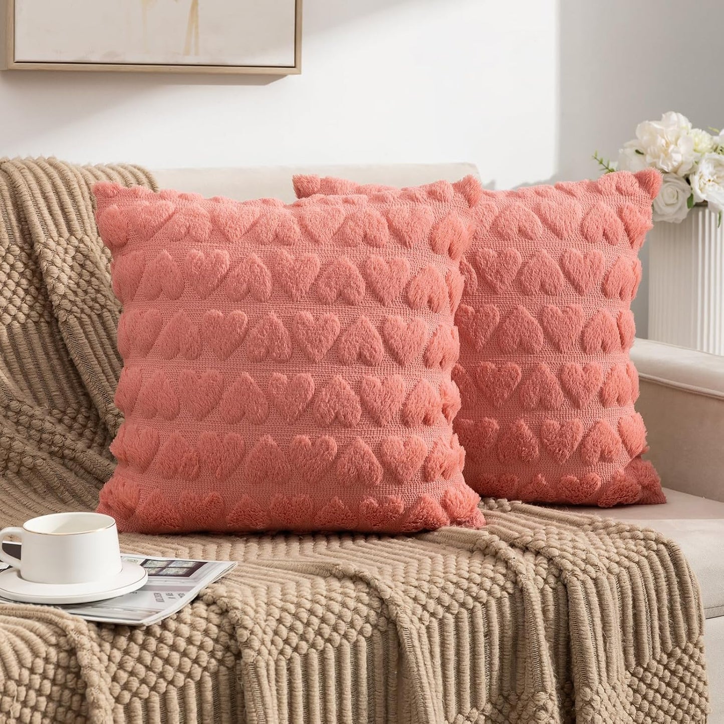 Valentines Throw Pillow Covers 16x16 Set of 2, Home Decor Spring Pillow Covers Heart Love Couch Cushion Cover, Soft Plush Faux Fur Pillowcase for Living Room Sofa Bed, Peach